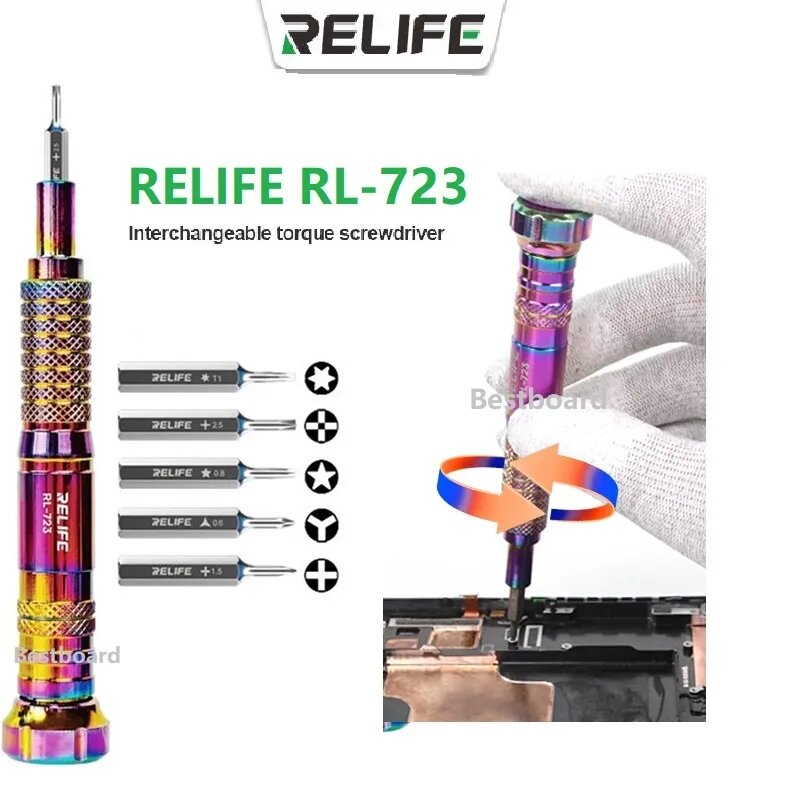 RELIFE RL-723 5 in 1 Screwdriver Precision Set Replaceable Strong Magnetic Screwdriver Bits for Mobile Phone Disassembly Repair