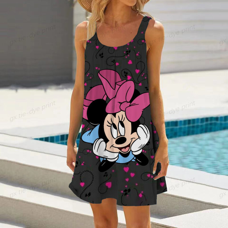 Disney Minnie Mouse Cartoon Print Boho Women Dress Fashion V Neck Sleeveless Dress Summer Hem Loose Beach Dress Elegant Dress