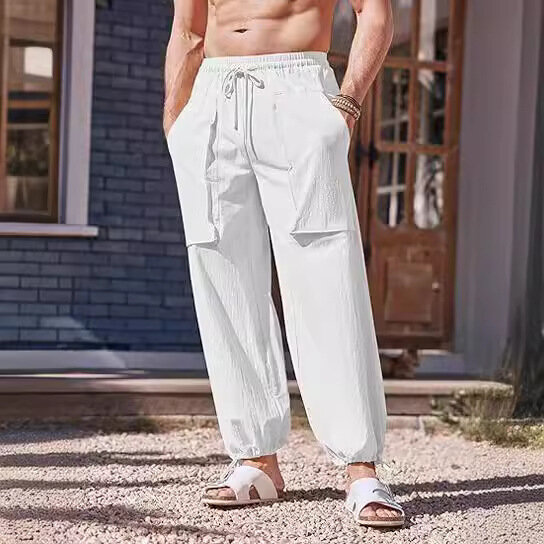 Pantalones informales con múltiples bolsillos para hombre, pantalón holgado de algodón y lino, con cordón, a la moda, talla grande, novedad de 2024