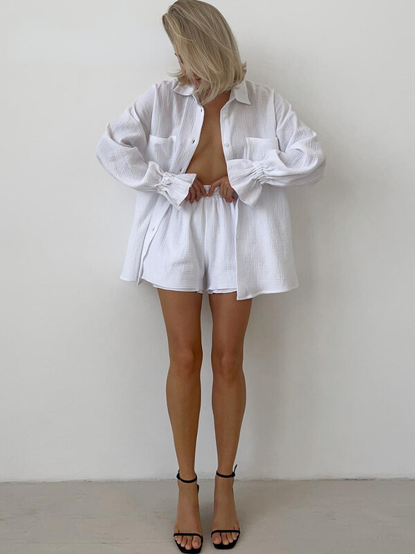 Weißer Damen Sommer anzug mit Shorts 100% Baumwolle lockeres Hemd lässig zweiteilig Set Frauen Langarm Top Musselin Anzug für Frauen