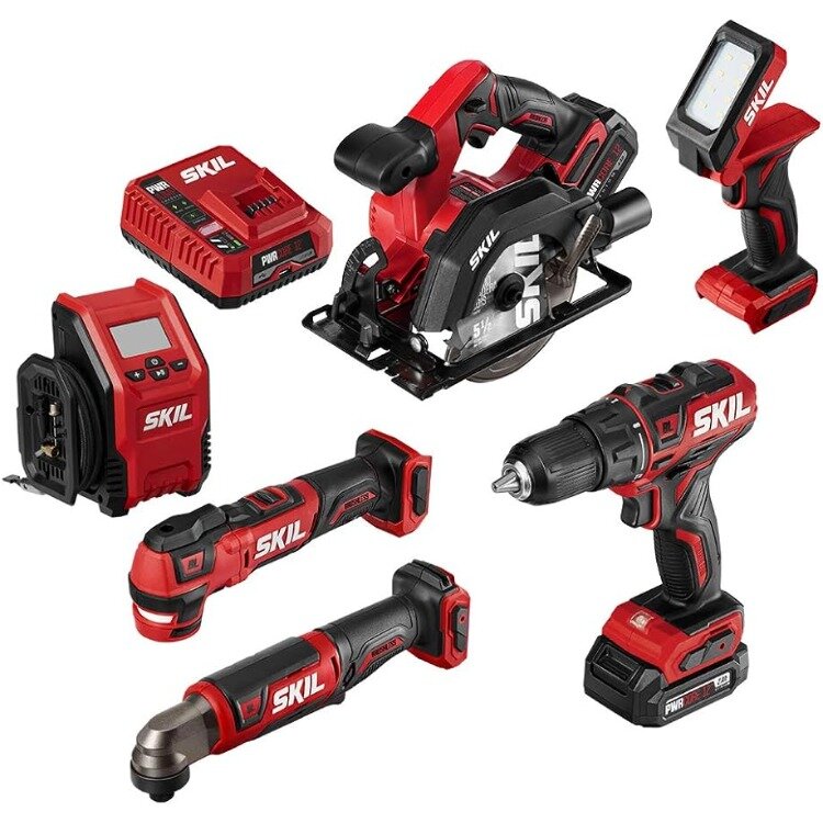 SKIL PWR CORE 12 Brushless 6-Tool Combo Kit, Included 4.0Ah Lithium Battery, 2.0Ah Lithium Battery and PWRJump Charger
