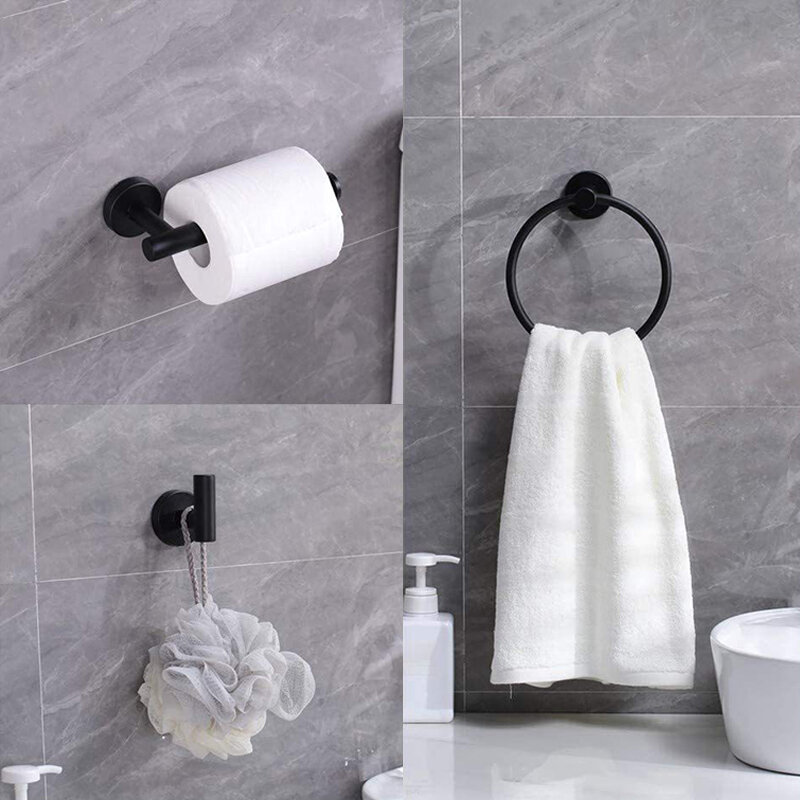 3pc/set Toilet Towel Rack Wall-mounted Black Silver 304 Stainless Steel Bathroom Hardware Accessories Towel Ring Set