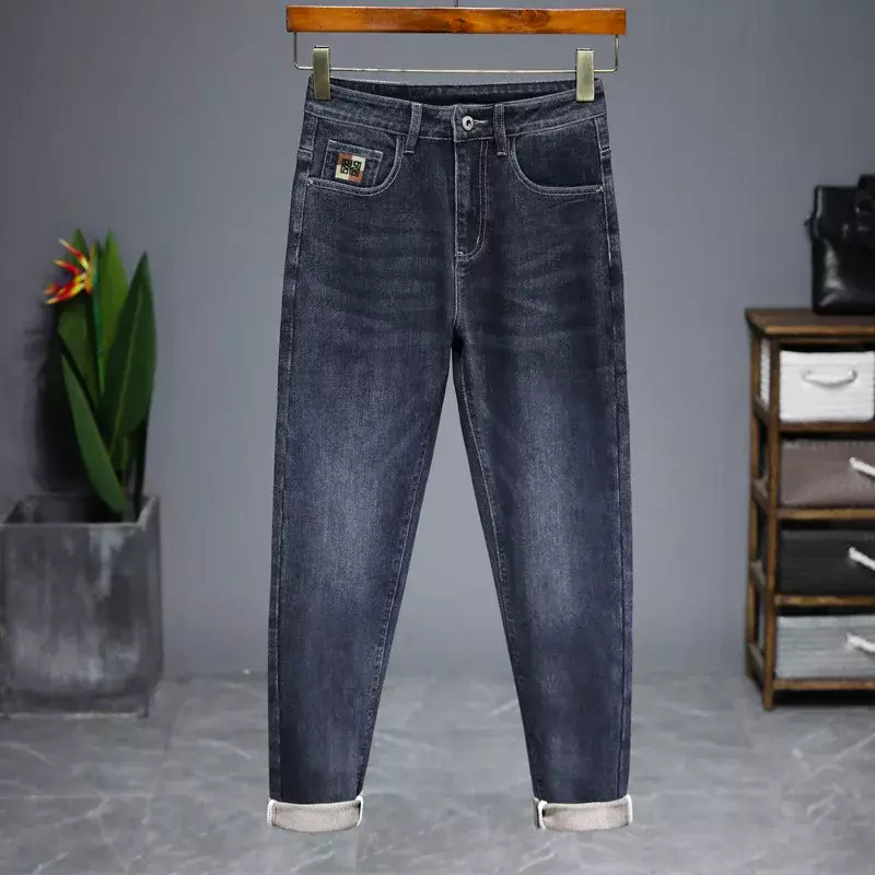 Лето 2023, тонкие джинсы, мужские эластичные узкие брюки с вышивкой, высококачественные повседневные универсальные трендовые прямые брюки, брюки-карго