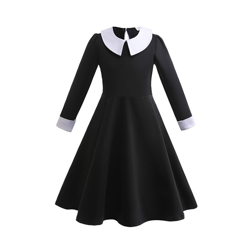 할로윈 카니발 파티 어린이 수요일 아담스 코스프레 의상, 생일 저녁 소녀 블랙 빈티지 고딕 긴 소매 드레스