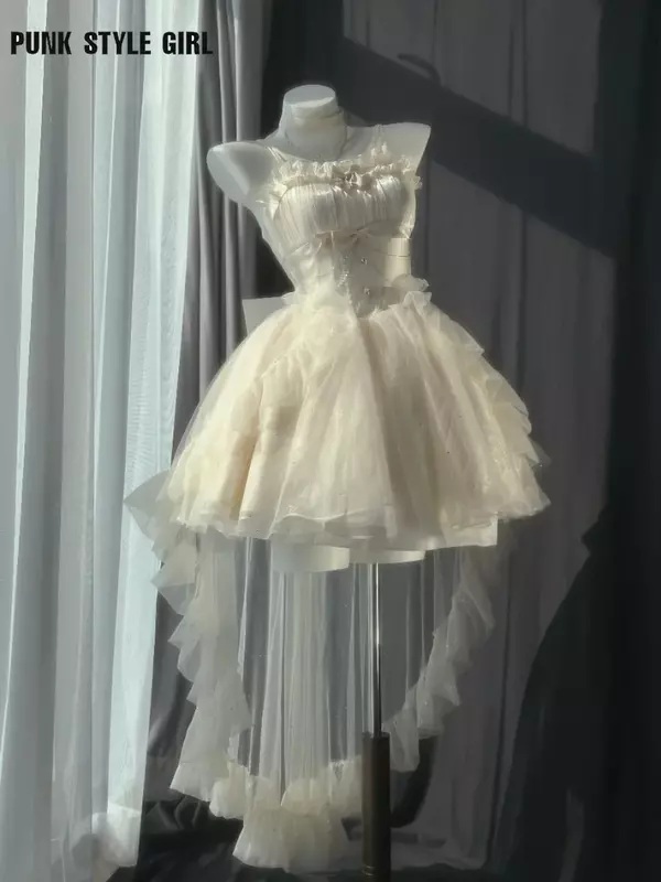 Gaun putri Tinggi yang manis gaun Lolita harian manis lucu gaun Mini Slim-the-Shoulder seksi untuk gaun ulang tahun wanita