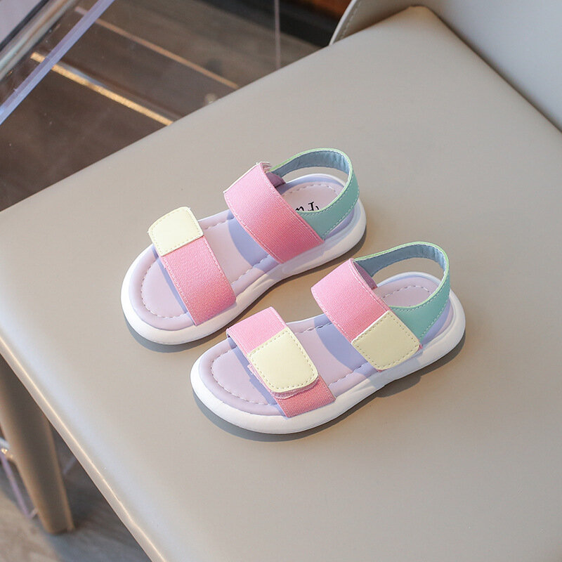Sandal anak perempuan Macarone, sandal anak perempuan musim panas, sepatu pantai musim panas kancing lembut, sandal jari terbuka terang mode terbaru 2024