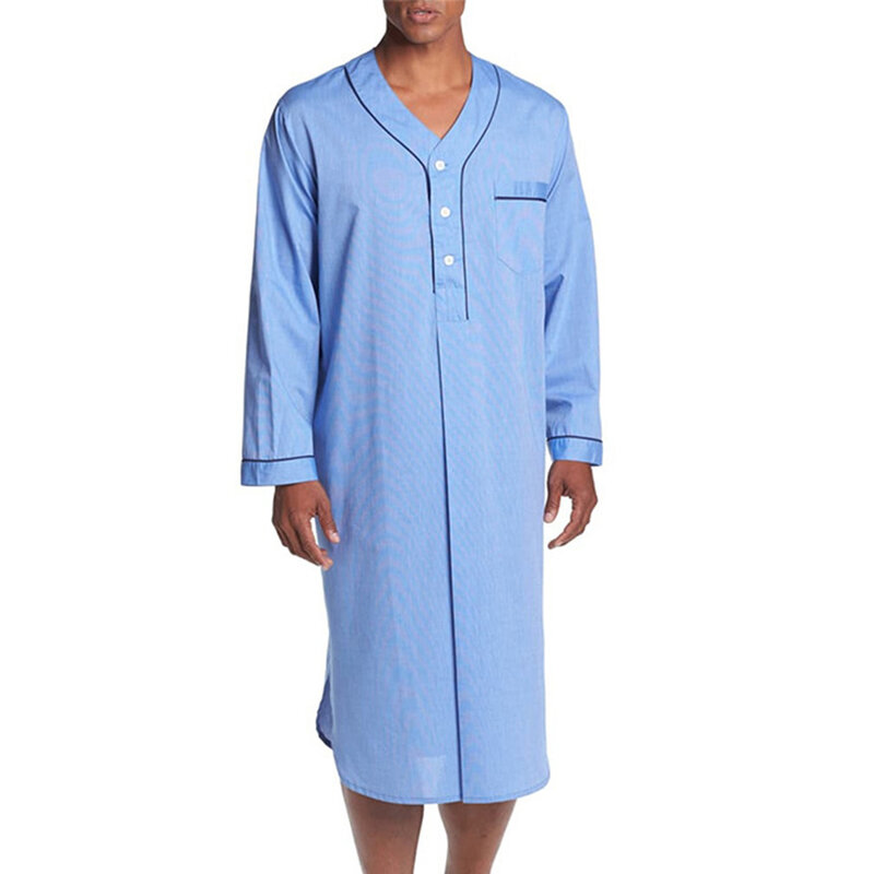 Ночная рубашка мужская с длинным рукавом, повседневная сорочка из дышащего материала, прочная и практичная, мягкая однотонная Пижама