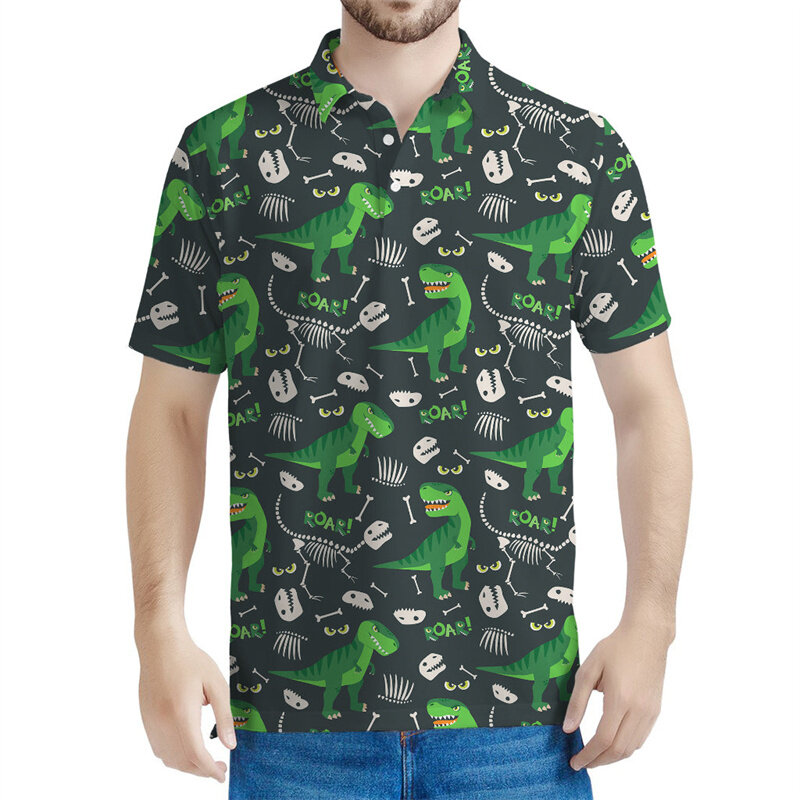 Cartoon Tyrannosaurus Pattern Polo Shirts Men 3d Printed Dinosaur T-shirt Kids Summer Streetwear Short Sleeves Tops Tee Shirt