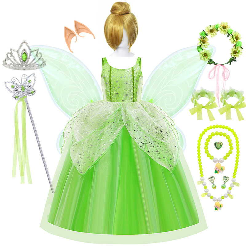 Robe à Bretelles Fée Clochette pour Enfants, Costume de Princesse Vert à Paillettes, Tenues de Performance sur Scène, Cosplay de ixpour Enfants, Robe Élégante, Été