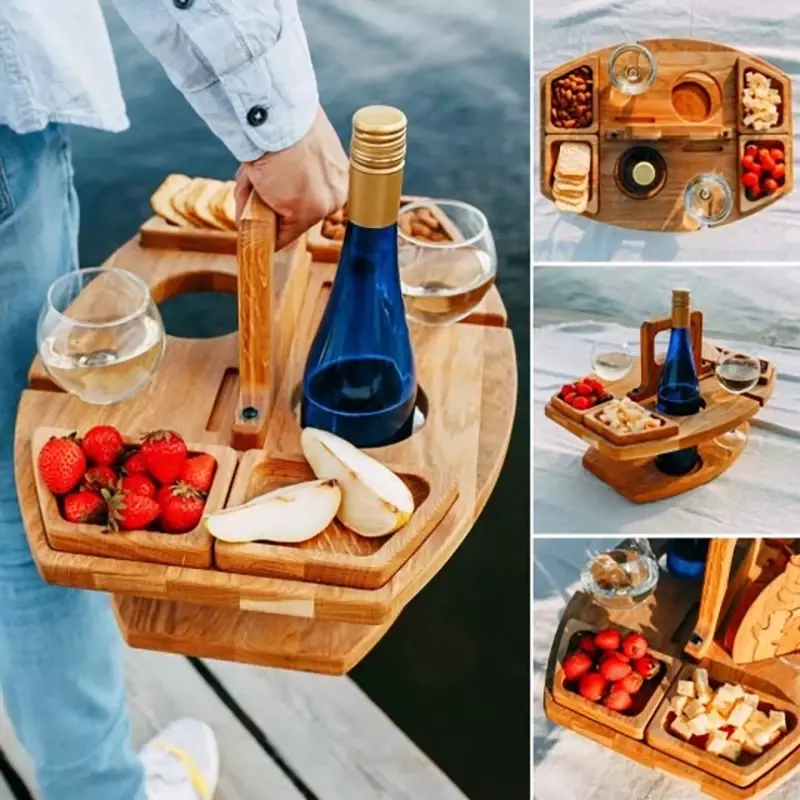Drewniany składany stół piknikowy z stojak na kieliszki okrągłym składaną tacką stojak na kieliszki do wina składanym taca na przekąski stołowym na przyjęcie w ogrodzie