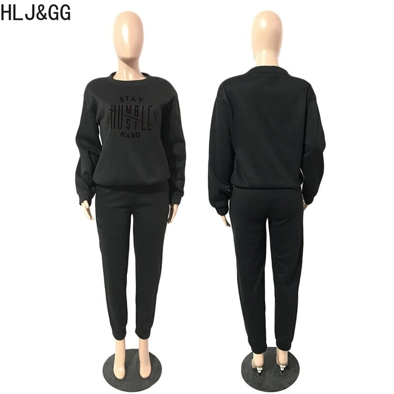 Hlj & GG ชุด celana joger สองชิ้นเสื้อผู้หญิงคอกลมเสื้อแขนยาวและกางเกงขายาวพิมพ์ลายตัวอักษรสำหรับฤดูหนาวฤดูใบไม้ร่วง