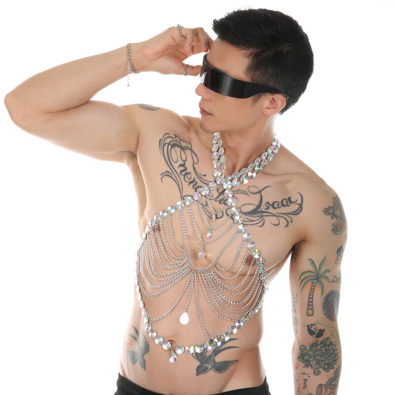 CLEVER-MENMODE Sexy Body Chain Men Bohemia Harness imitazione Crystal Party Clubwear Cyberpunk Eye Mask Glass Set collana con le dita