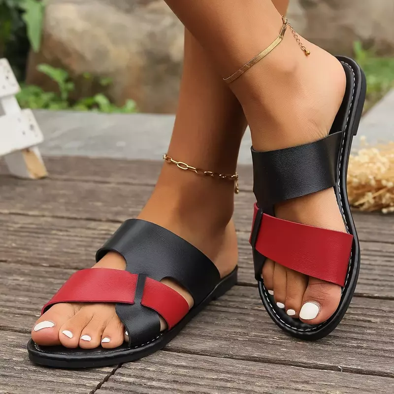 Chinelos rasos retrô de toe aberto para mulheres, sapatos de praia casuais, slides ao ar livre, plus size, novos, verão