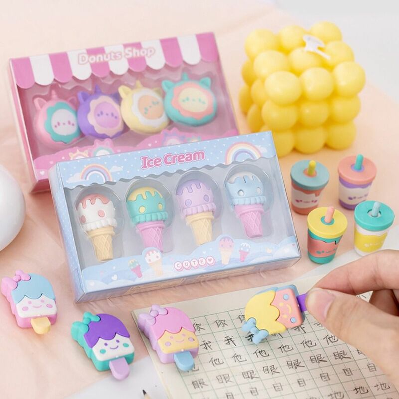 4Pieces/Boxes Color Random Ice Cream Stationery Lollipop Rubber Popsicle Eraser Detachable Rubber Eraser Cute Erasers