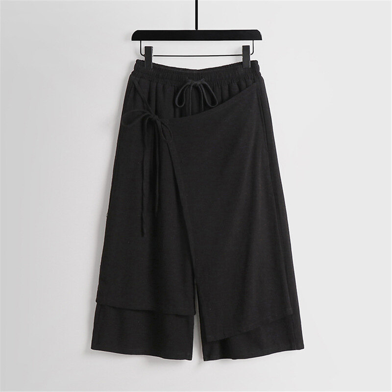 กางเกงผ้าลินินกางเกงยาวถึงน่องสำหรับฤดูร้อนของผู้ชายกางเกง9XL ปลอมสองชิ้นแฟชั่นลำลองสีพื้นขนาดใหญ่
