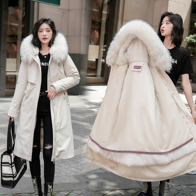 Корейская осенне-зимняя Длинная женская куртка с узором 2023, зимнее плотное пальто с флисовой Талией большого размера для женщин