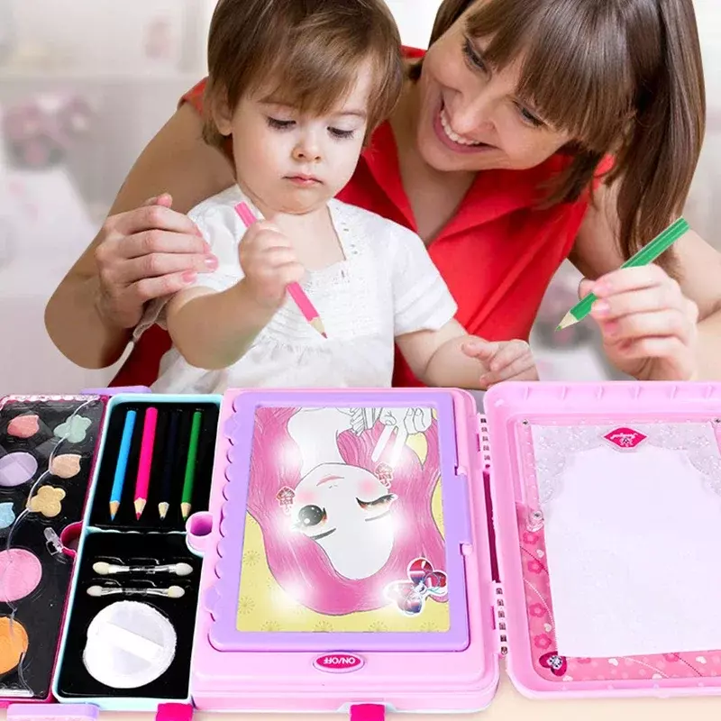 Giocattoli da disegno per trucco per bambini manico multifunzione pittura a LED trucco colorato cosmetici valigia giocattolo tavolo da disegno per regalo per ragazze