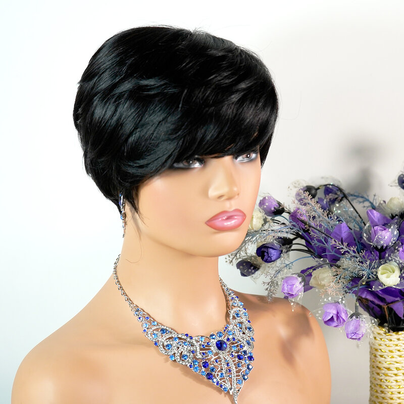 Naturalne czarne fryzura Pixie ludzkie włosy peruka z grzywką dla kobiet Afro brazylijskie 100% Remy ludzkie włosy krótki Bob warstwowe tanie peruki