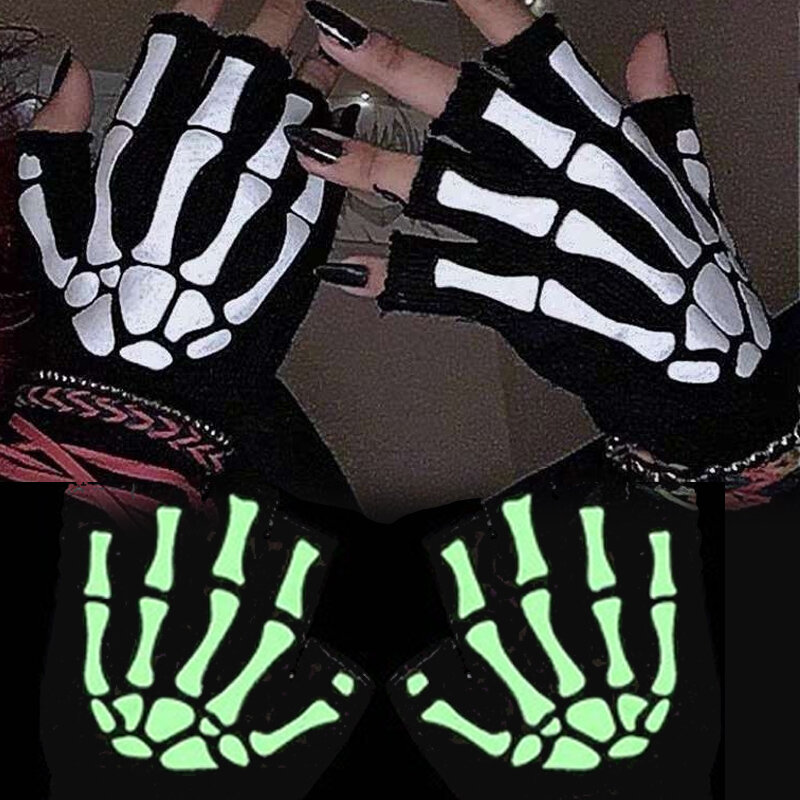 Sarung tangan setengah jari tengkorak kerangka Halloween dewasa baru sarung tangan Punk menyala dalam gelap sarung tangan musim dingin rajutan melar tanpa jari