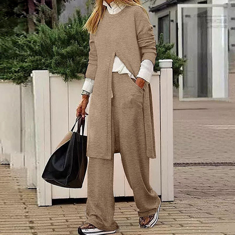 여성용 긴팔 캐주얼 O-넥 포켓 세트, 단색 슬림핏 롱 탑 투피스 세트, 용수철 가을 패션 신상