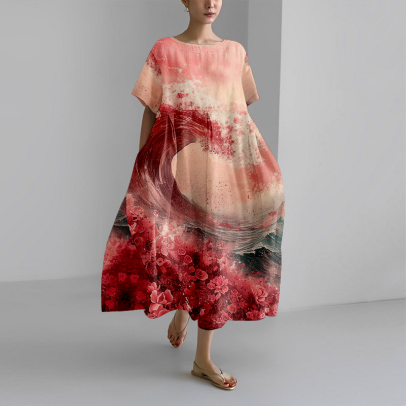 Sommerkleid 2024 Wave Print Strand kleider Luxus stilvolle übergroße Kleid Frauen beliebte Kleidung Party Vestido Mädchen elegante Robe
