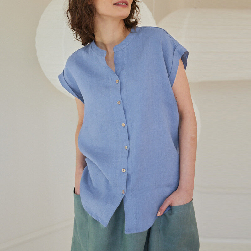 Francuska elegancka 100% lniana bluzka z krótkim rękawem nowo damska stójka zapinana letnie ubrania Streetwear w stylu Casual koszule Blusas Mujer