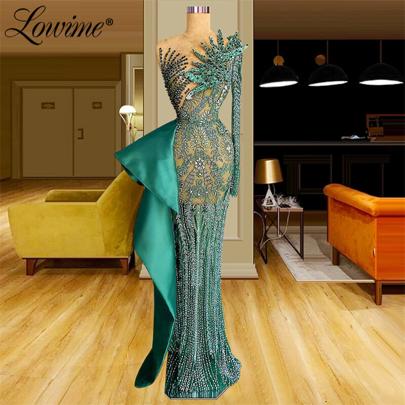Green Evening Dresses Long Sleeves 2022 Beaded Mermaid Party Gowns For Wedding Arabic Pageant Prom Dresses Vestido De Festa