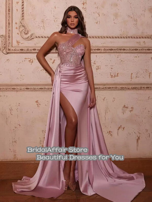 BridalAffair 2023 New Ladies Pink Satin Mermaid Slim Prom Dress Halter Collar Sequined Long Sleeve Side Slit Long Party Dress