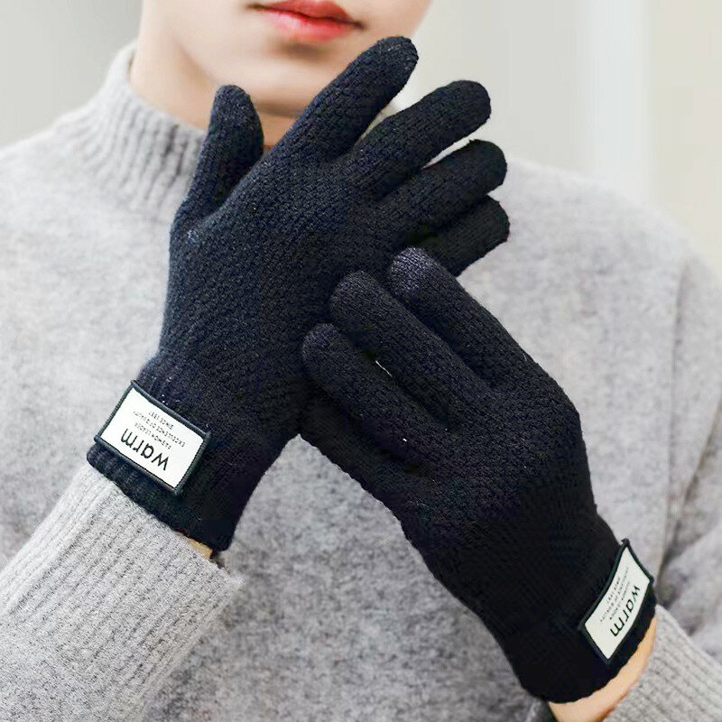 Winter Men Knitted Gloves Warm Full Fingers Touch Screen Anti-Slip Gloves for Cycling Running Driving Hiking Camping Work Mitten
