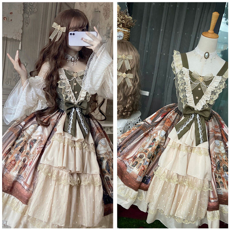 Elegante lolita jsk suspender vestido princesa palácio pintura a óleo cla plissado lindo vestido tribunal estilo jsk chá paty vestido