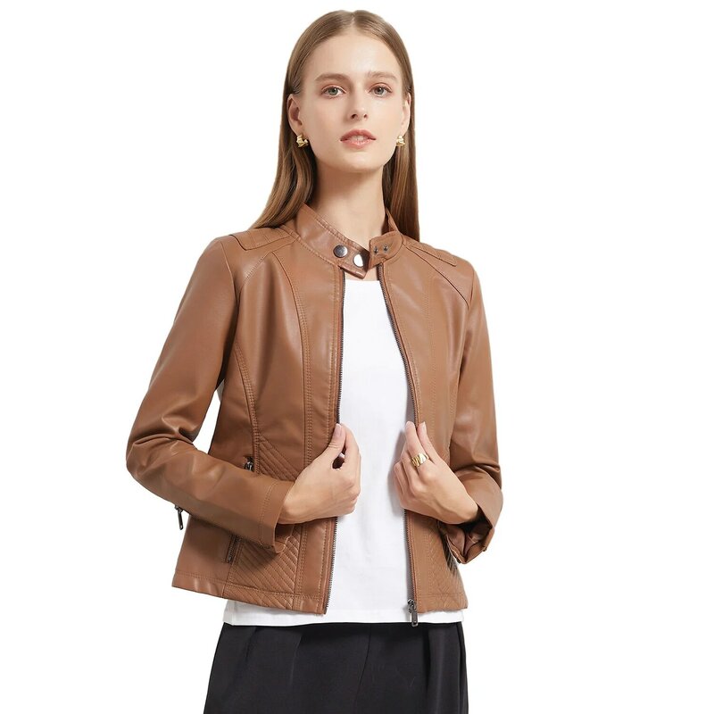 2024Autumn and winter new leisure leather clothes women's simple trend thin coat Long Sleeve Motorcycle Jacket Women's wear