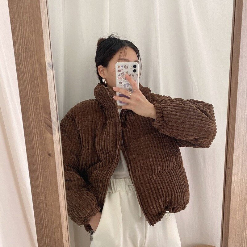 Parkas coreanas para mujer, chaqueta acolchada de algodón de pana, holgada, de Color sólido, con cuello levantado, ropa de exterior corta de uso diario para invierno