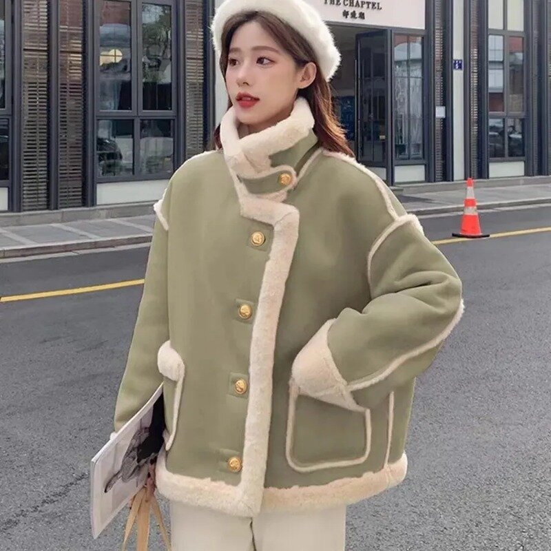 European and American Winter Lamb Wool Jacket Women's Short Solid Color Loose Personalized Splicing Long Sleeve Thickened Top