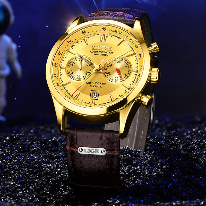 LIGE 패션 남성용 럭셔리 브랜드 스포츠 시계, 크로노그래프 쿼츠 손목시계, 밀리터리 방수 가죽 밴드 시계