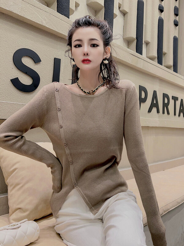 2022 Knitted Split Design Feeling Spring and Autumn Undercoat with Irregular Sweater New Button Korean Version Pure Slim Top