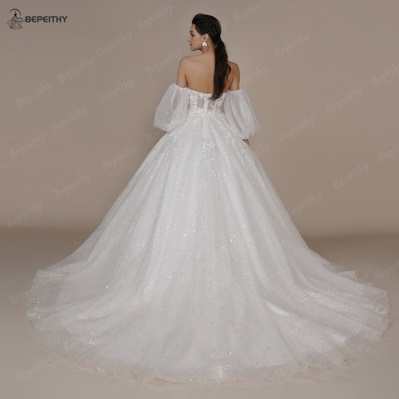 Beepisy-裸の肩,ストラップレス,結婚式,コート,トレイン,花嫁,3D花,ロマンチックな,光沢のある,コレクション2023のプリンセスドレス