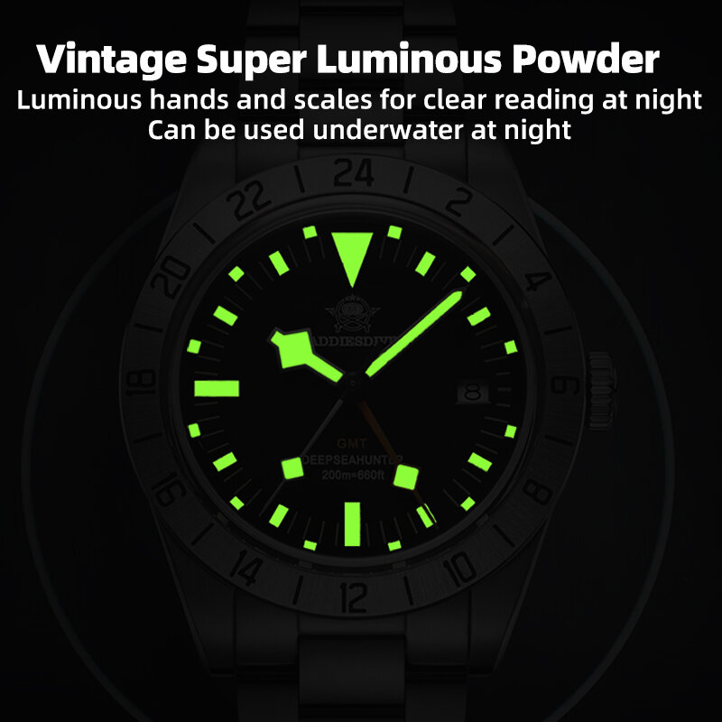 Relógio de aço inoxidável masculino ADDIESDIVE, GMT Watch, Quartzo impermeável, Espelho de bolhas, 200m, 39mm, Novo