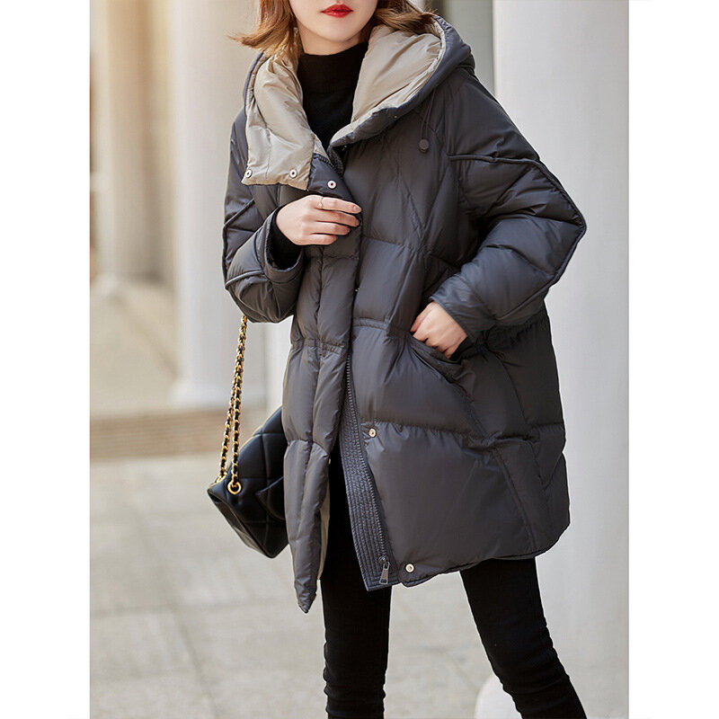 여성 90% 화이트 덕 후드 다운 재킷, 중간 길이 부드럽고 따뜻한 겨울 빛 구름 누에 고치 유형 양면 이색