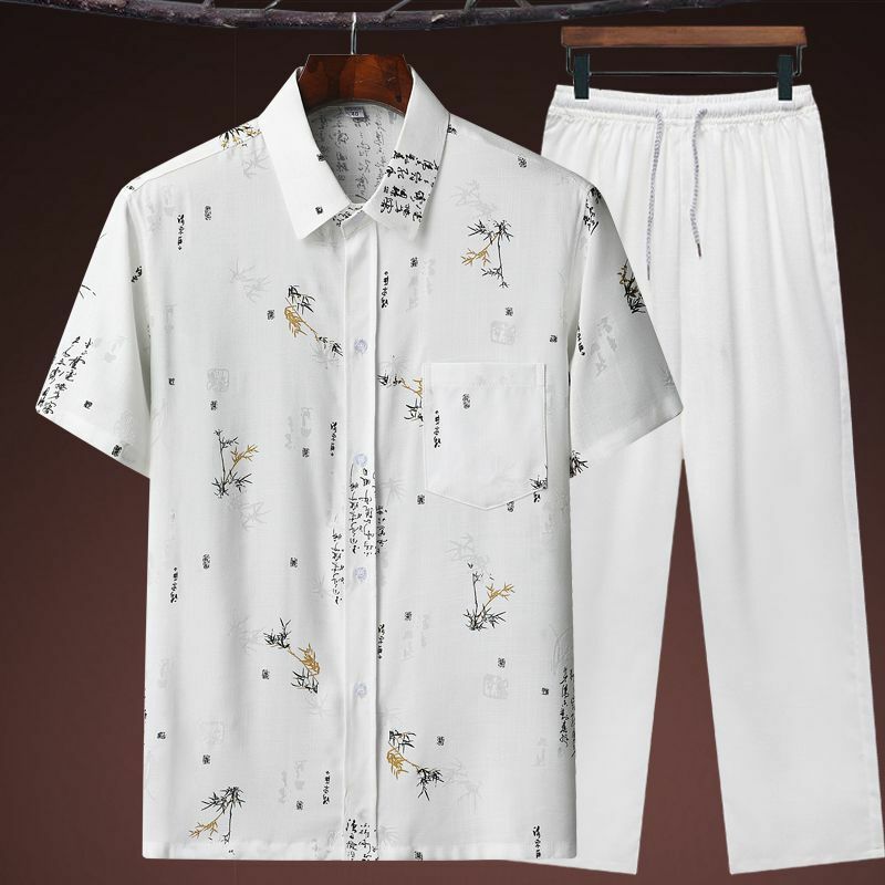 Summer Chinese style Sets Cotton linen Men Tang suit Print short-sleeved trousers suit Hanfu traditional kung fu Tai Chi Uniform