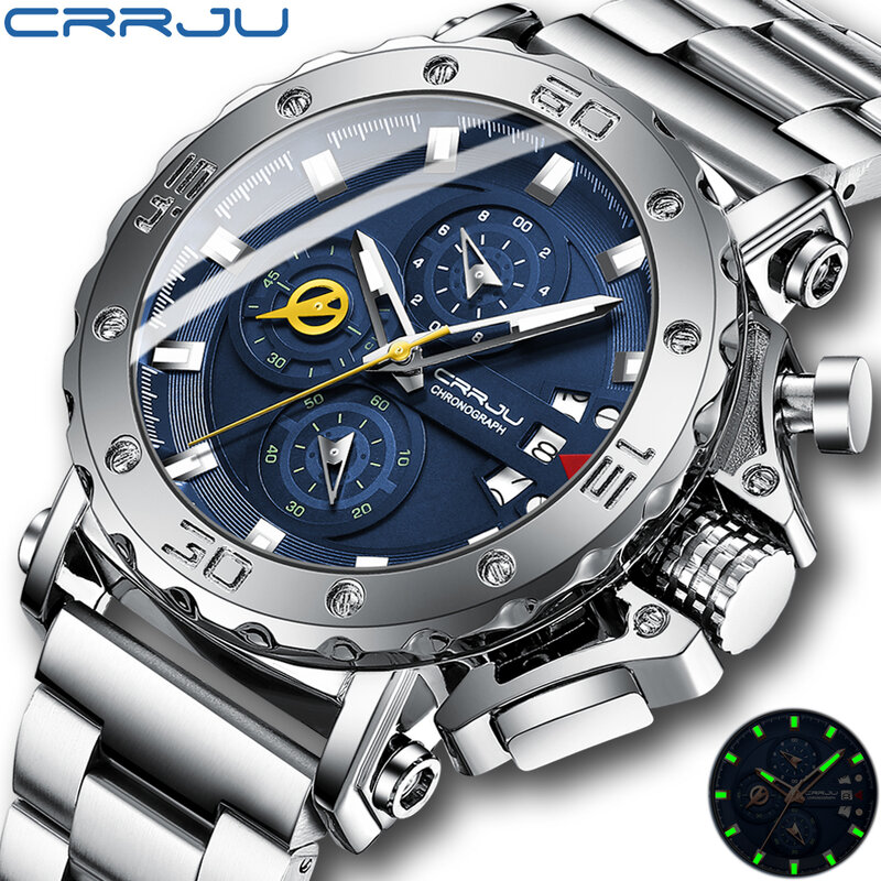 Часы наручные CRRJU мужские водонепроницаемые, спортивные брендовые Роскошные светящиеся кварцевые в стиле милитари, в деловом стиле