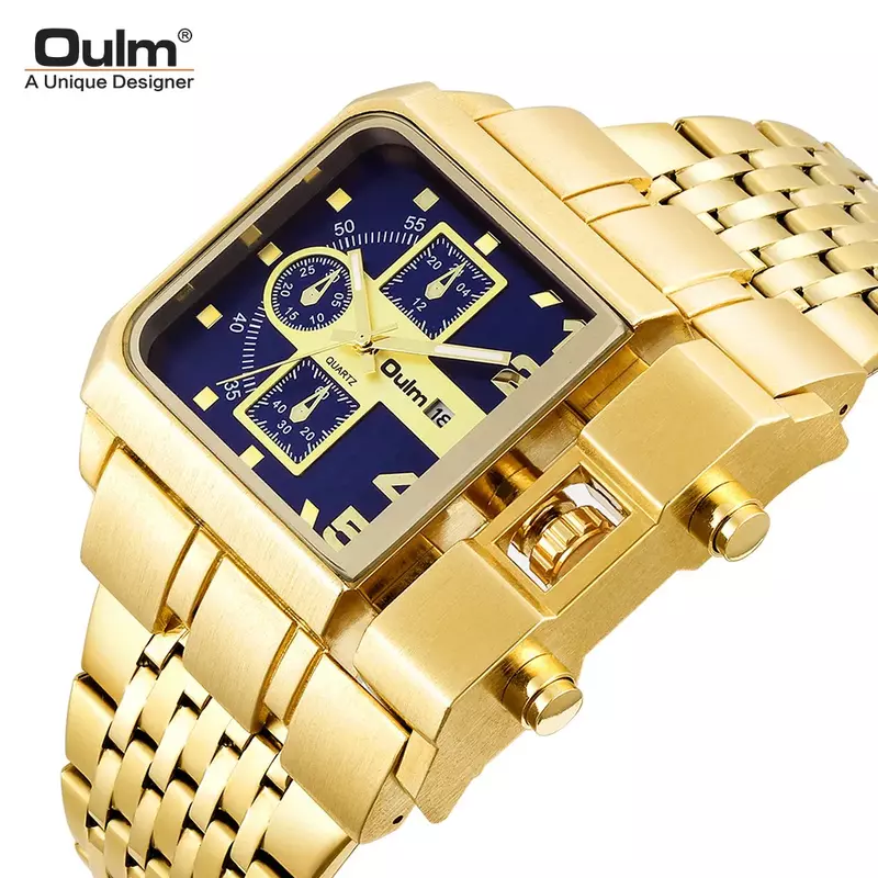OULM Gold Full Steel Watches Luxury Men Wristwatch Quartz Watch Military Auto Date Unique Men's Wristwatches Relogio Masculino