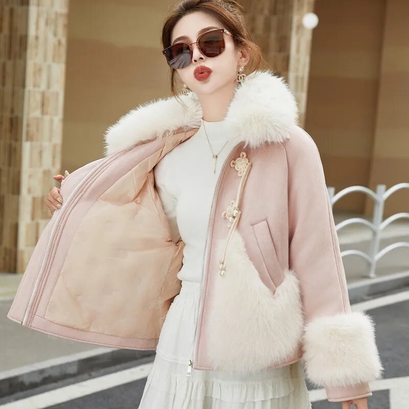 Jaqueta curta de pele raposa feminina, estilo chinês, design de fivela, jaquetas soltas de luxo, casaco leve, novo, inverno, 2022