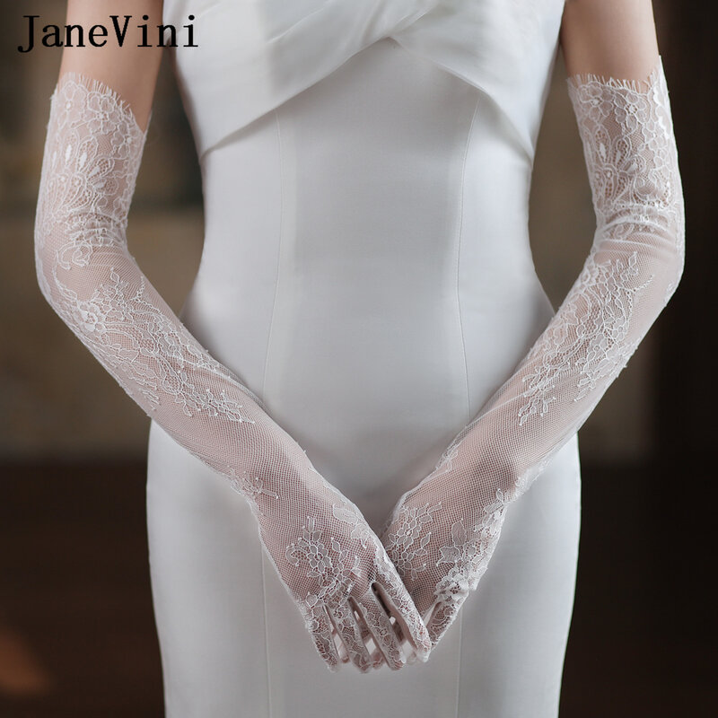 JaneVini Guantes Largos Elegantes 60cm Long Lace Gloves Bridal Wedding Gloves Full Finger White Bride Women Party Accessories