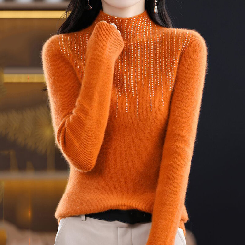 Rimocy-女性の光沢のあるクリスタルタートルネックセーター、暖かいジャンパー、ニットプルオーバー、長袖トップス、レディースファッション、秋、冬