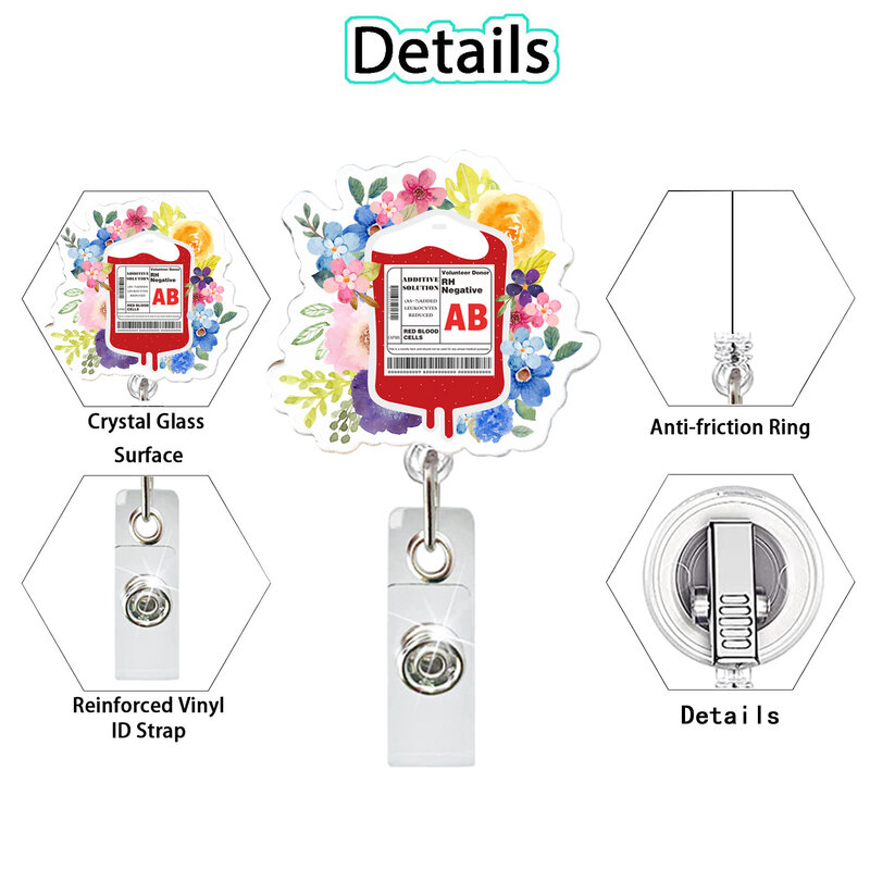 New 1Pc Glitter Flower Blood Type Bag Retractable Badge Reel Clips For Nurse Doctor Hospital Medical Workers Acrylic Card Holder