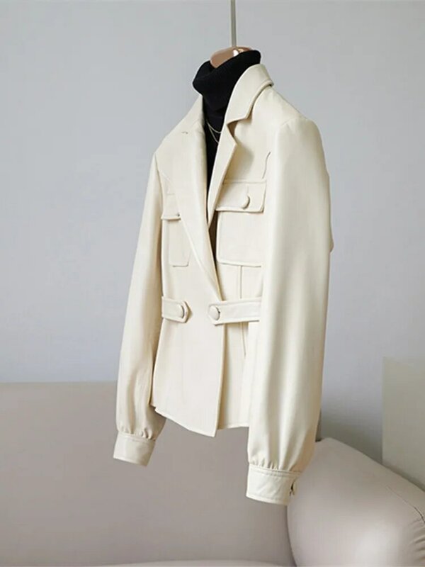 Menina bonita 2023 nova jaqueta de couro genuíno feminino casaco de pele carneiro real primavera outono moda cinto botão outerwear