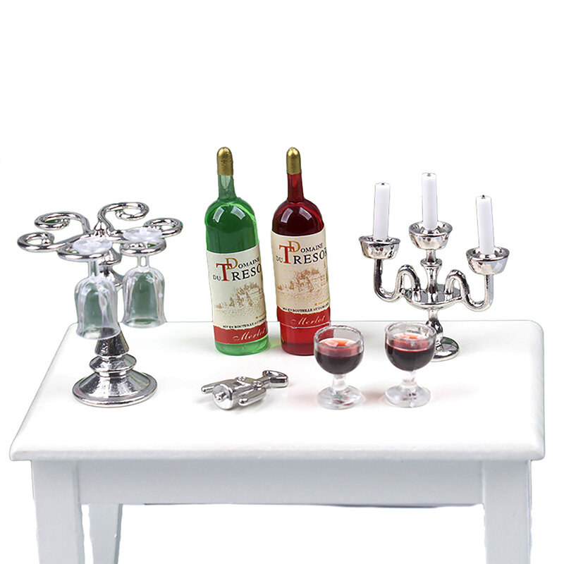 1Set 1:12 1:6 Scale Dollhouse Miniature Red Wine Candlestick Wine Cup Model Romantic Candle Light Dinner Scene Decor Toy