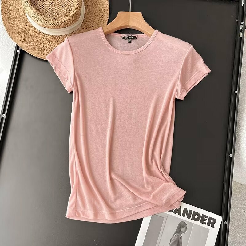 Maxdutti-Camiseta básica de cuello redondo para mujer, Top de algodón suave, camisetas informales de verano, Color sólido, estilo nórdico minimalista