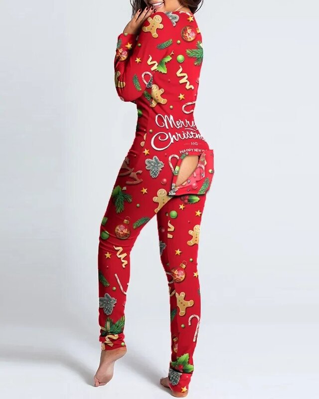 Mono de pijama Sexy para mujer, traje con botones, parte delantera y trasera, trasero, trasero abierto, solapa, ropa de estar por casa, estampado navideño, abotonado