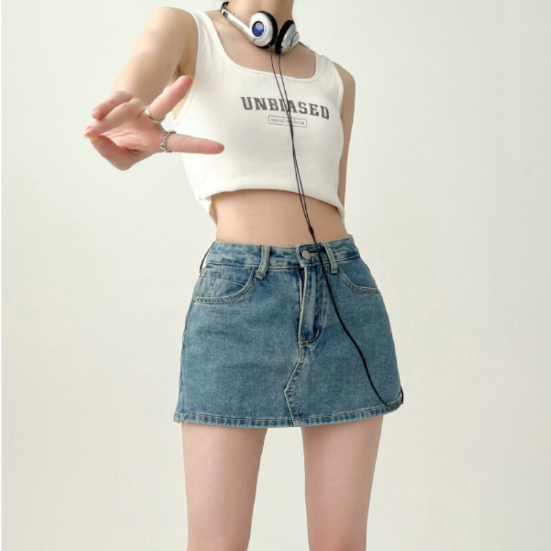 Jupe en jean taille haute pour femme, jupe courte slim Spice Girl, bas bleu rétro, style coréen, vêtements Y2K, été 2023